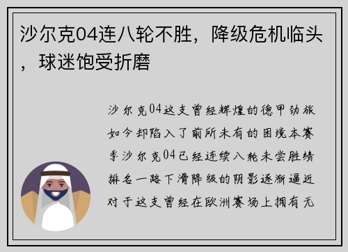 沙尔克04连八轮不胜，降级危机临头，球迷饱受折磨